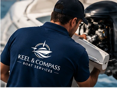 Keel & Compass Boat Services technician working on an outboard engine
